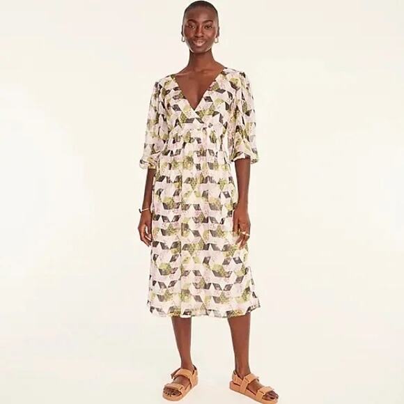 J.Crew Black Patchwork Print Lurex Metallic Threads Chiffon Midi Dress Size 8 - Picture 1 of 16